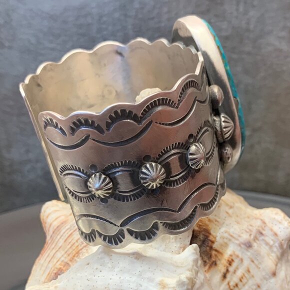 Navajo Kingsman Turquoise Stamped Sterling Silver Large Cuff Bracelet Butte J815 - Picture 3 of 8